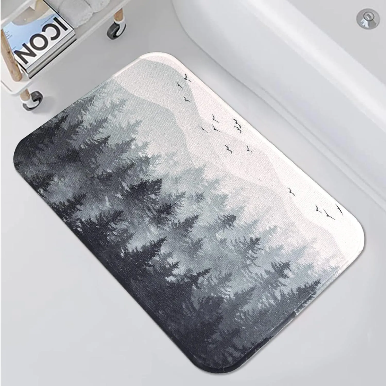 Accnicc Black Gray Misty Forest Bathroom Rugs Mat Nature Grey Tree Mountain Bath Rug Water Absorbent Non Slip Shower Mat Memory Foam Bath Mats for Bathroom Decor (32'' × 20'')