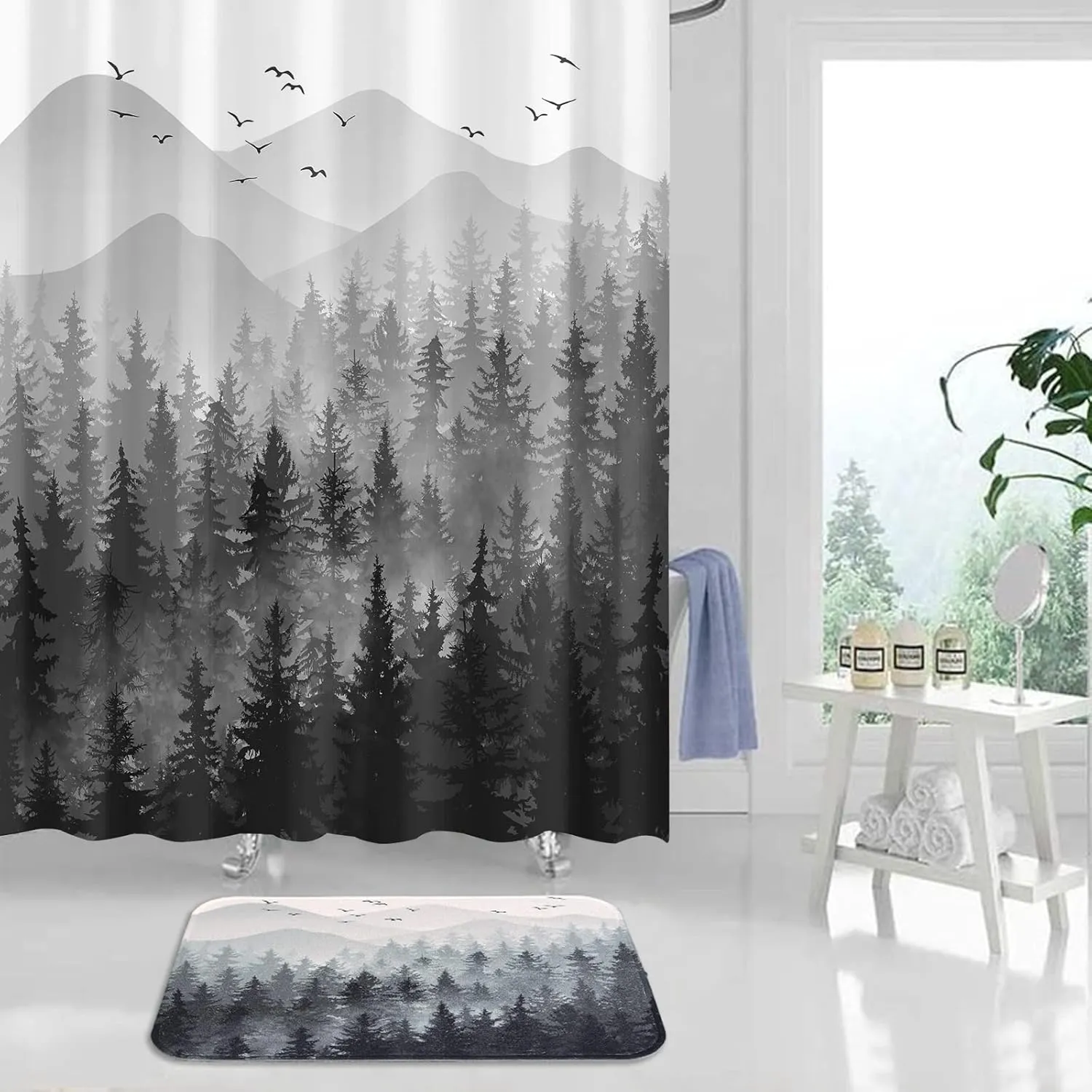 Accnicc Black Gray Misty Forest Bathroom Rugs Mat Nature Grey Tree Mountain Bath Rug Water Absorbent Non Slip Shower Mat Memory Foam Bath Mats for Bathroom Decor (32'' × 20'')