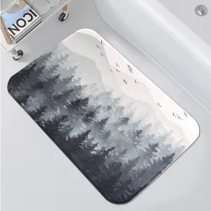 Accnicc Black Gray Misty Forest Bathroom Rugs Mat Nature Grey Tree Mountain Bath Rug Water Absorbent Non Slip Shower Mat Memory Foam Bath Mats for Bathroom Decor (32'' × 20'')