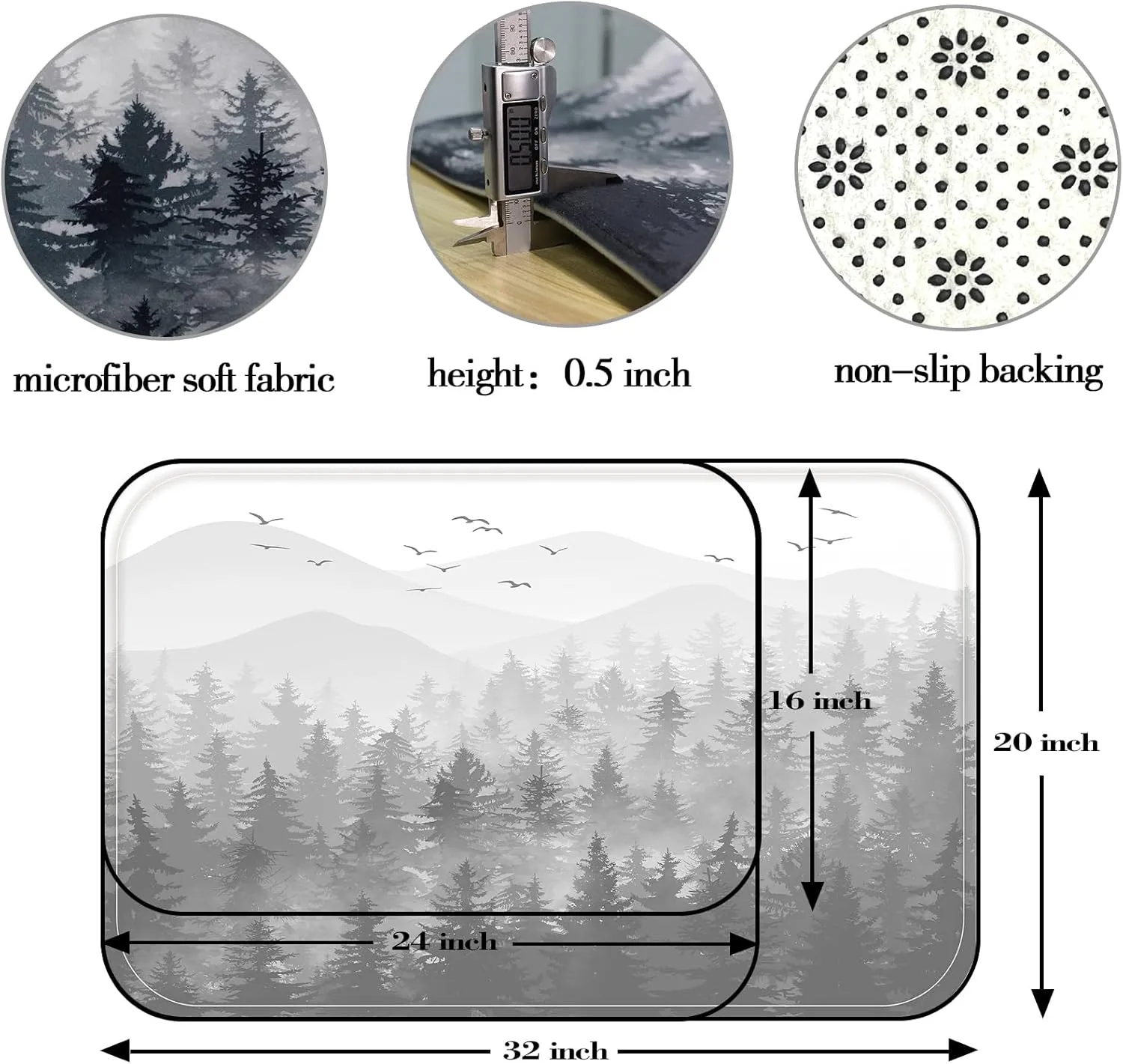 Accnicc Black Gray Misty Forest Bathroom Rugs Mat Nature Grey Tree Mountain Bath Rug Water Absorbent Non Slip Shower Mat Memory Foam Bath Mats for Bathroom Decor (32'' × 20'')