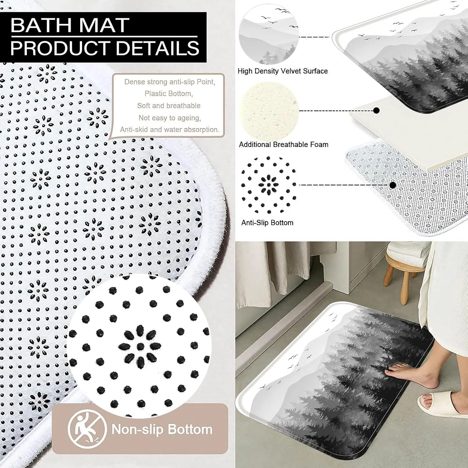Accnicc Black Gray Misty Forest Bathroom Rugs Mat Nature Grey Tree Mountain Bath Rug Water Absorbent Non Slip Shower Mat Memory Foam Bath Mats for Bathroom Decor (32'' × 20'')