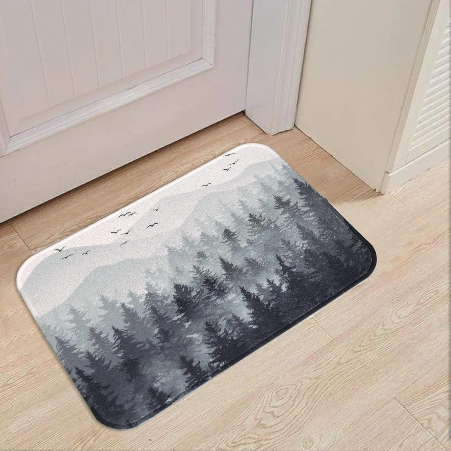 Accnicc Black Gray Misty Forest Bathroom Rugs Mat Nature Grey Tree Mountain Bath Rug Water Absorbent Non Slip Shower Mat Memory Foam Bath Mats for Bathroom Decor (32'' × 20'')