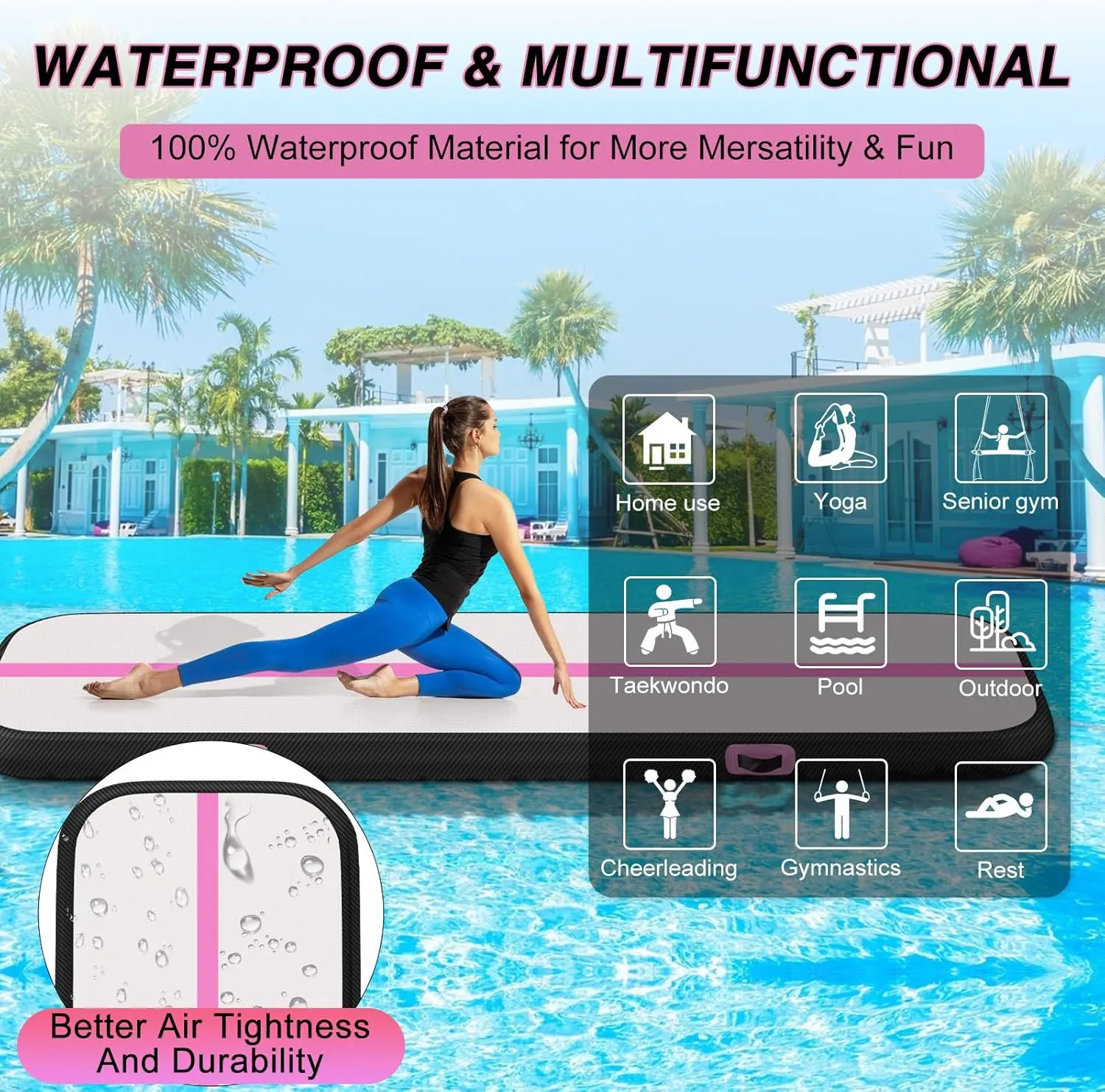 Air Gymnastics Tumbling Mat, 6.6ft/10ft/13ft/16ft/20ft Inflatable Track Mat for Home/Outdoor Training, 4/8 inch Thick Gym Mat with Electric Pump for Kids & Adults
