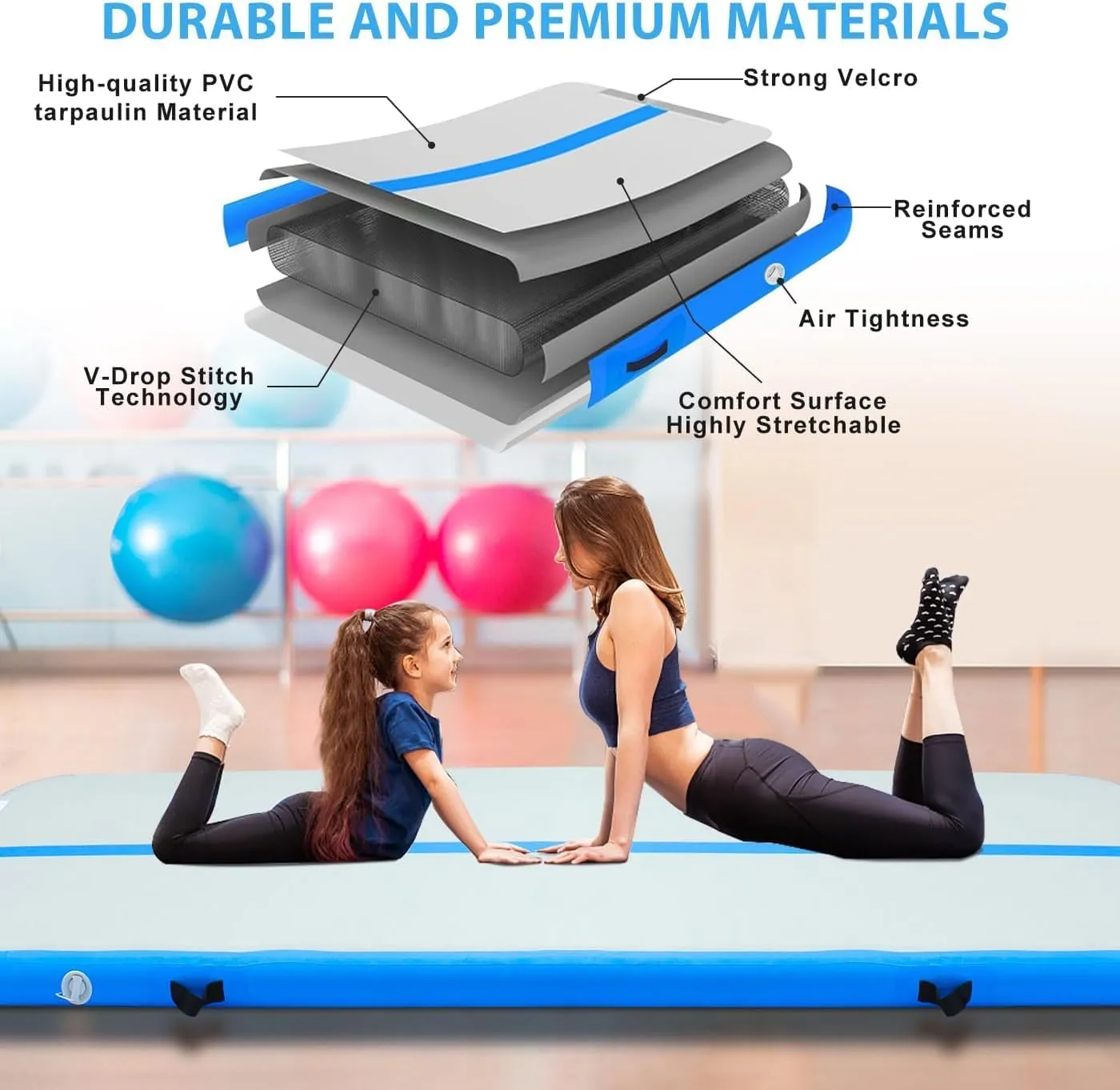 Air Mat Tumble Track, Gymnastics Mats Tumbling Track with Electric Air Pump for Home Use Cheerleading Training Kids Gym Yoga