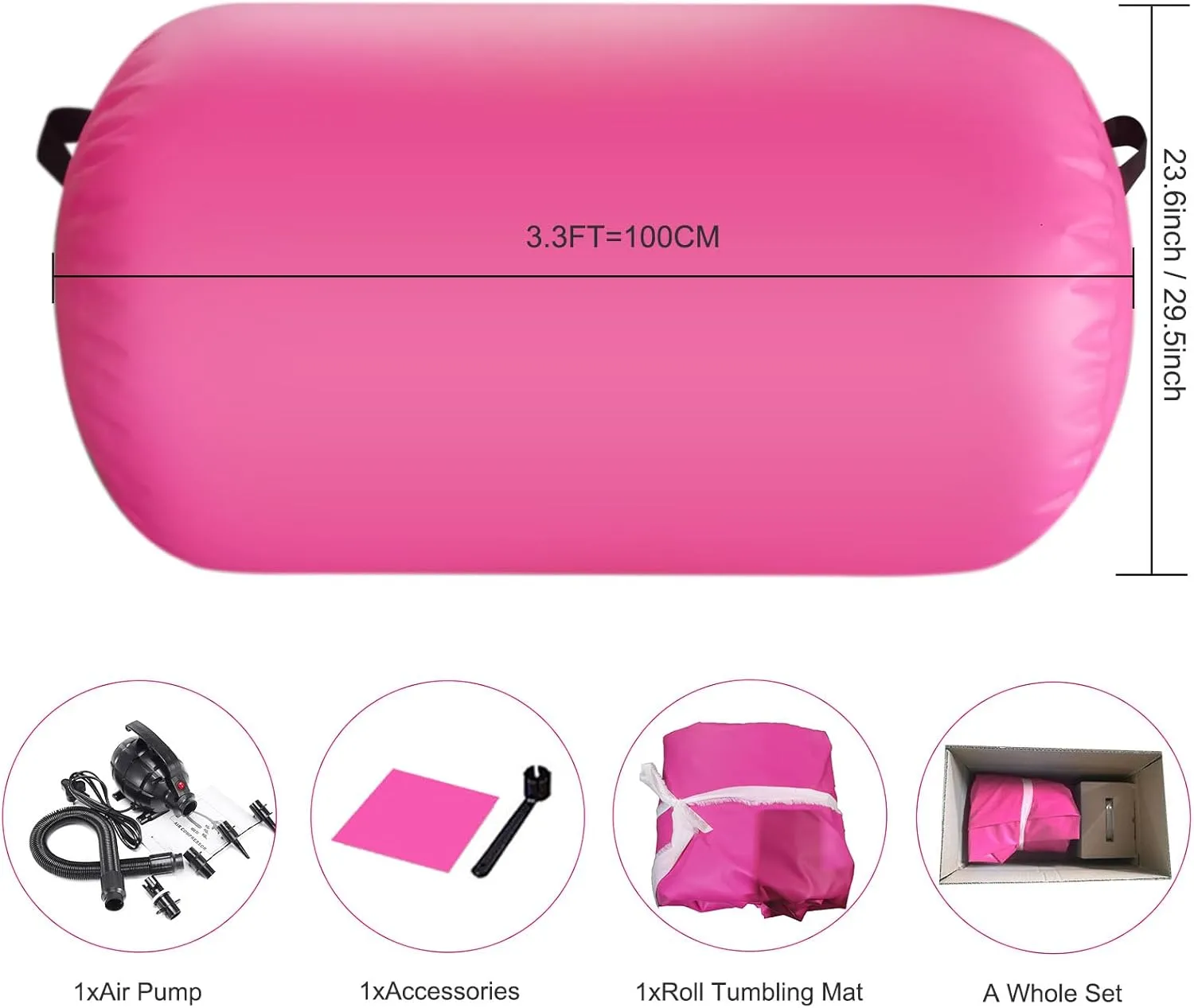 Air Roller Gymnastics Mat 60 75 cm Inflatable Air Barrel 3.3FT Gymnastics Tumbling Mat With Pump for Hand Spring Rear Training/Home Use/Fitness/Yoga