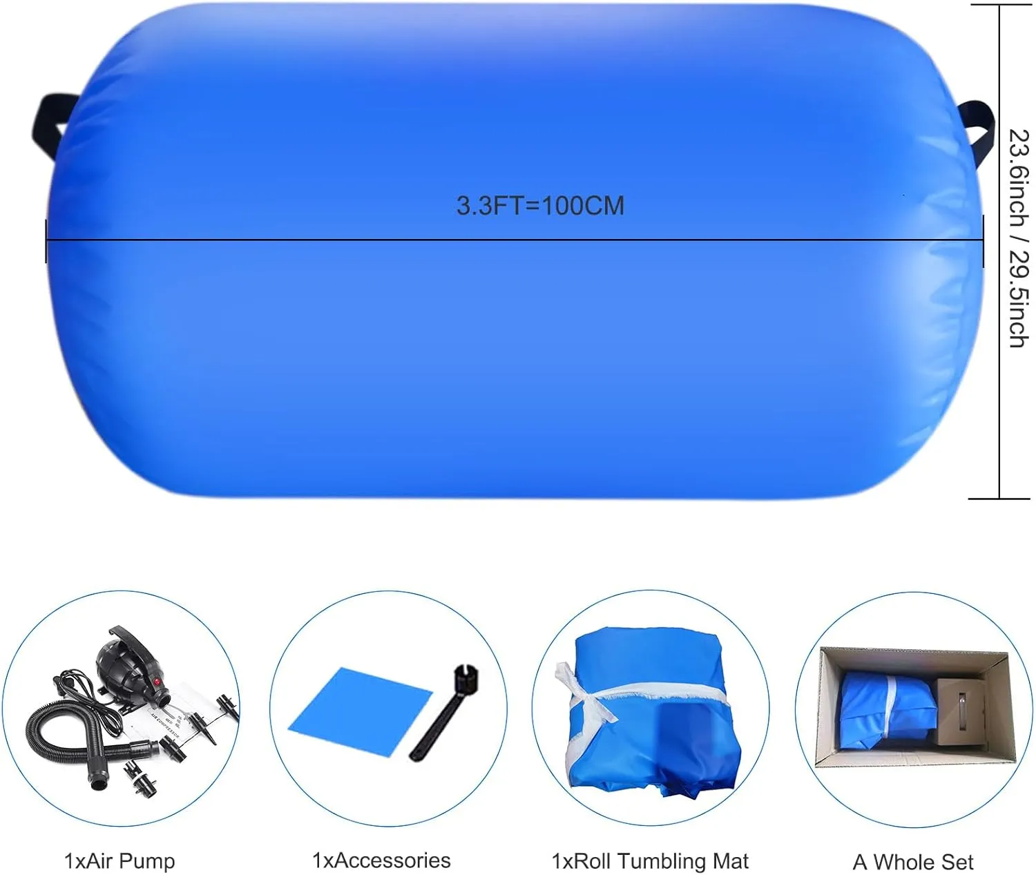 Air Roller Gymnastics Mat 60 75 cm Inflatable Air Barrel 3.3FT Gymnastics Tumbling Mat With Pump for Hand Spring Rear Training/Home Use/Fitness/Yoga