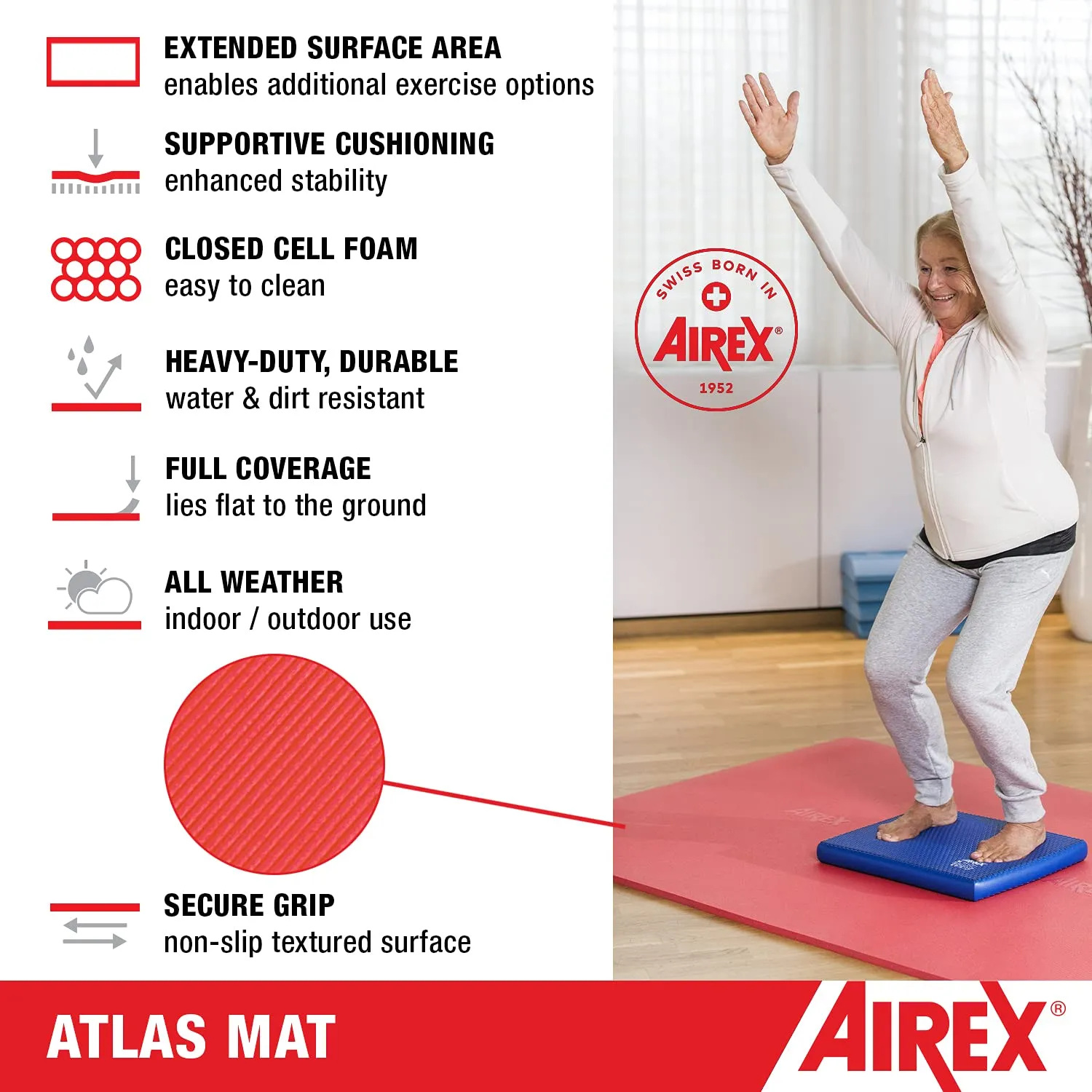 AIREX Atlas Premium Exercise Mat Fitness for Yoga, Physical Therapy, Rehabilitation, Balance & Stability Exercises, Pilates, Aerobics 78” x 48”