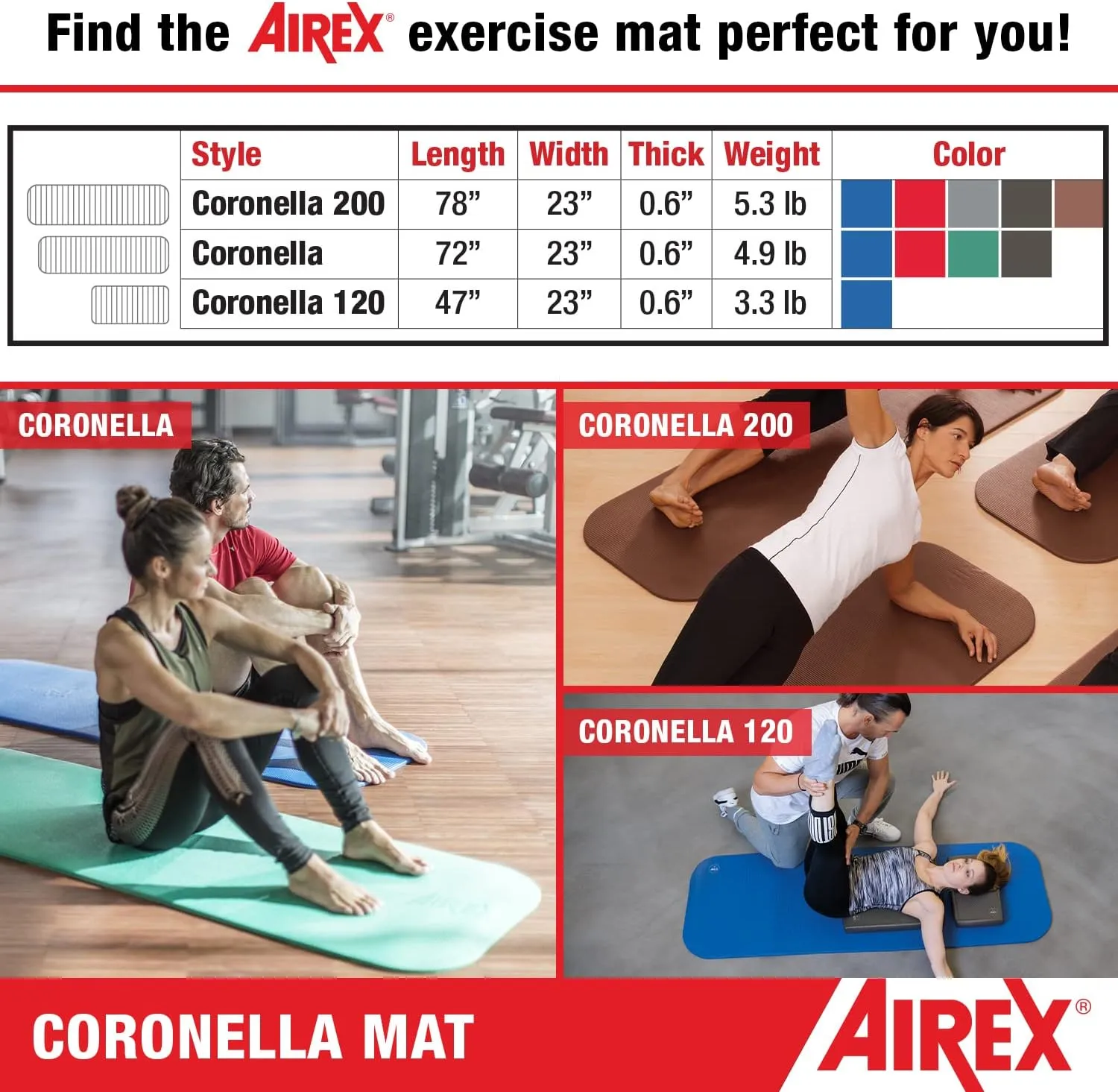 AIREX Official Coronella Exercise Mat - Home Workout Mat for Rehabilitation, Strength Training, Aerobics, Water Fitness, Exercise, Home Workouts, Floor Exercises with Premium Foam