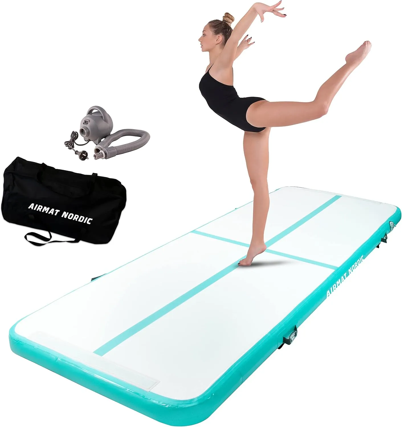 AirMat Nordic Air Mat Tumble Track 10ft/13ft/16ft/20ft/26ft with Electric Air Pump, Inflatable Gymnastics Mat for Home, Best for Gymnastics, Cheerleading, Yoga - 3'3" Wide and 4" Thick, Tumbling Mat