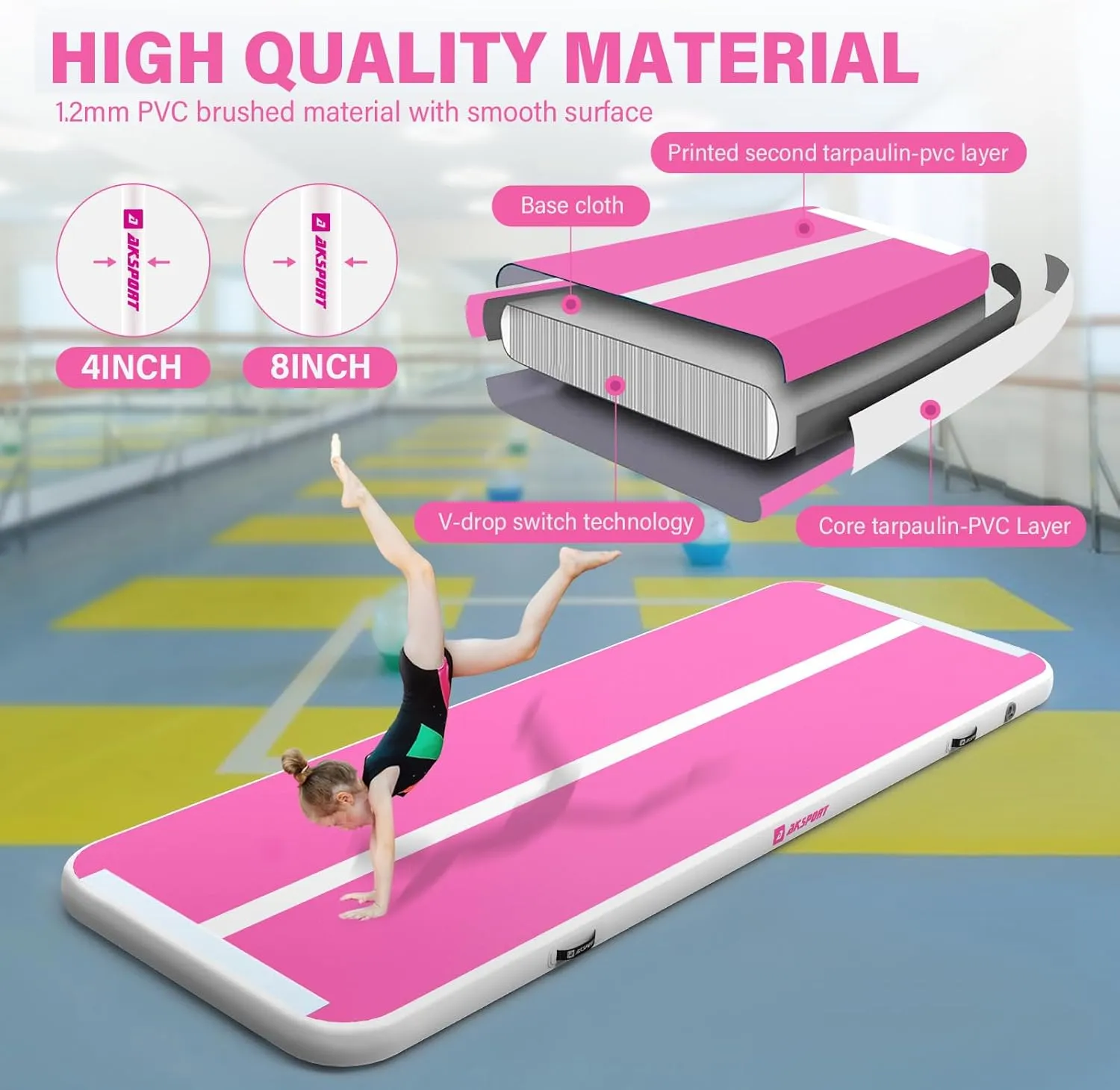 AKSPORT Gymnastics Air Mat Tumble Track Tumbling Mat Inflatable Floor Mats with Air Pump for Home Use/Tumble/Gym/Training/Cheerleading/Parkour/Beach/Park/Water