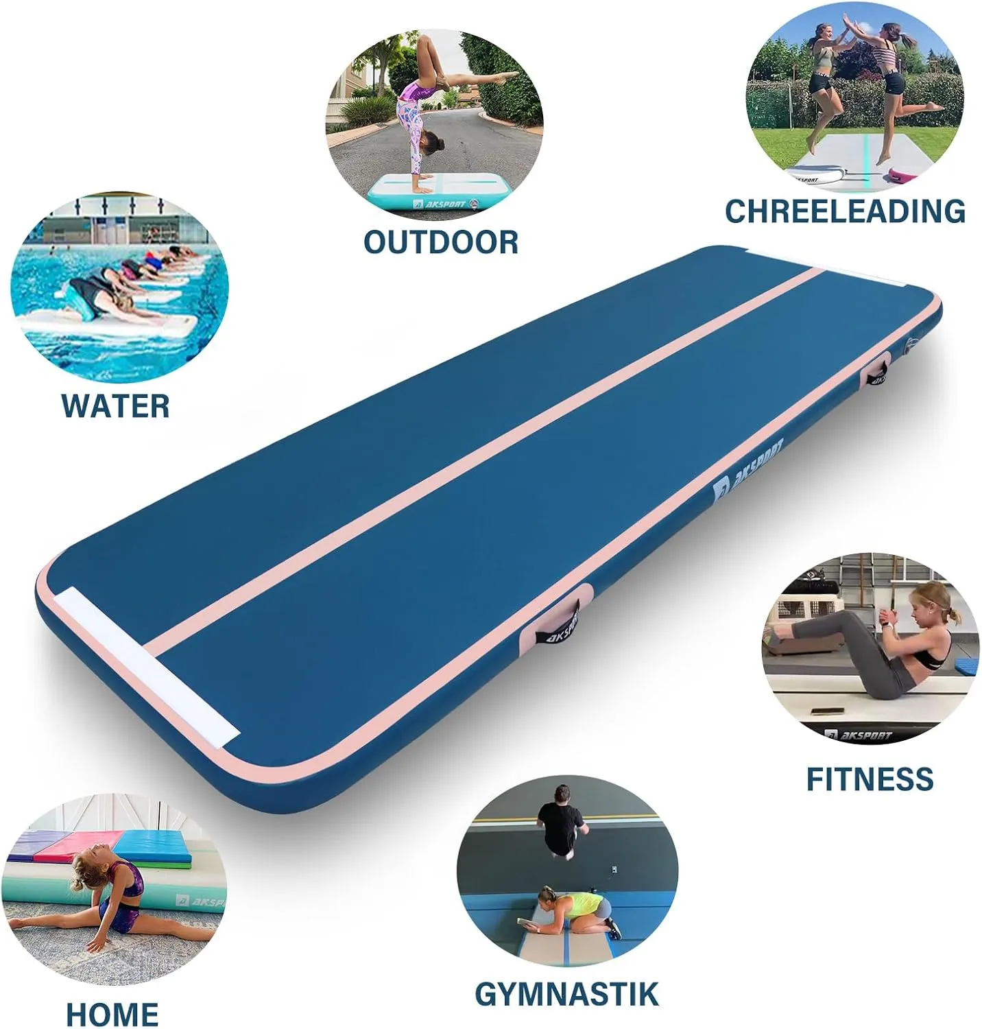 AKSPORT Gymnastics Air Mat Tumble Track Tumbling Mat Inflatable Floor Mats with Air Pump for Home Use/Tumble/Gym/Training/Cheerleading/Parkour/Beach/Park/Water