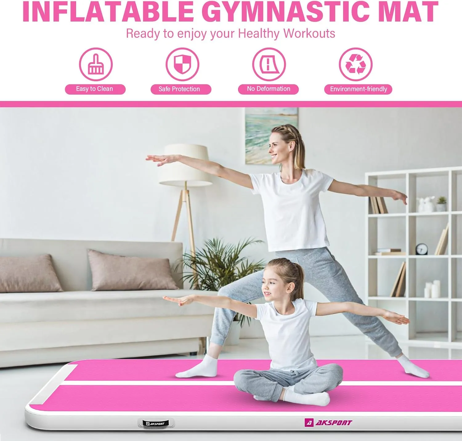 AKSPORT Gymnastics Air Mat Tumble Track Tumbling Mat Inflatable Floor Mats with Air Pump for Home Use/Tumble/Gym/Training/Cheerleading/Parkour/Beach/Park/Water