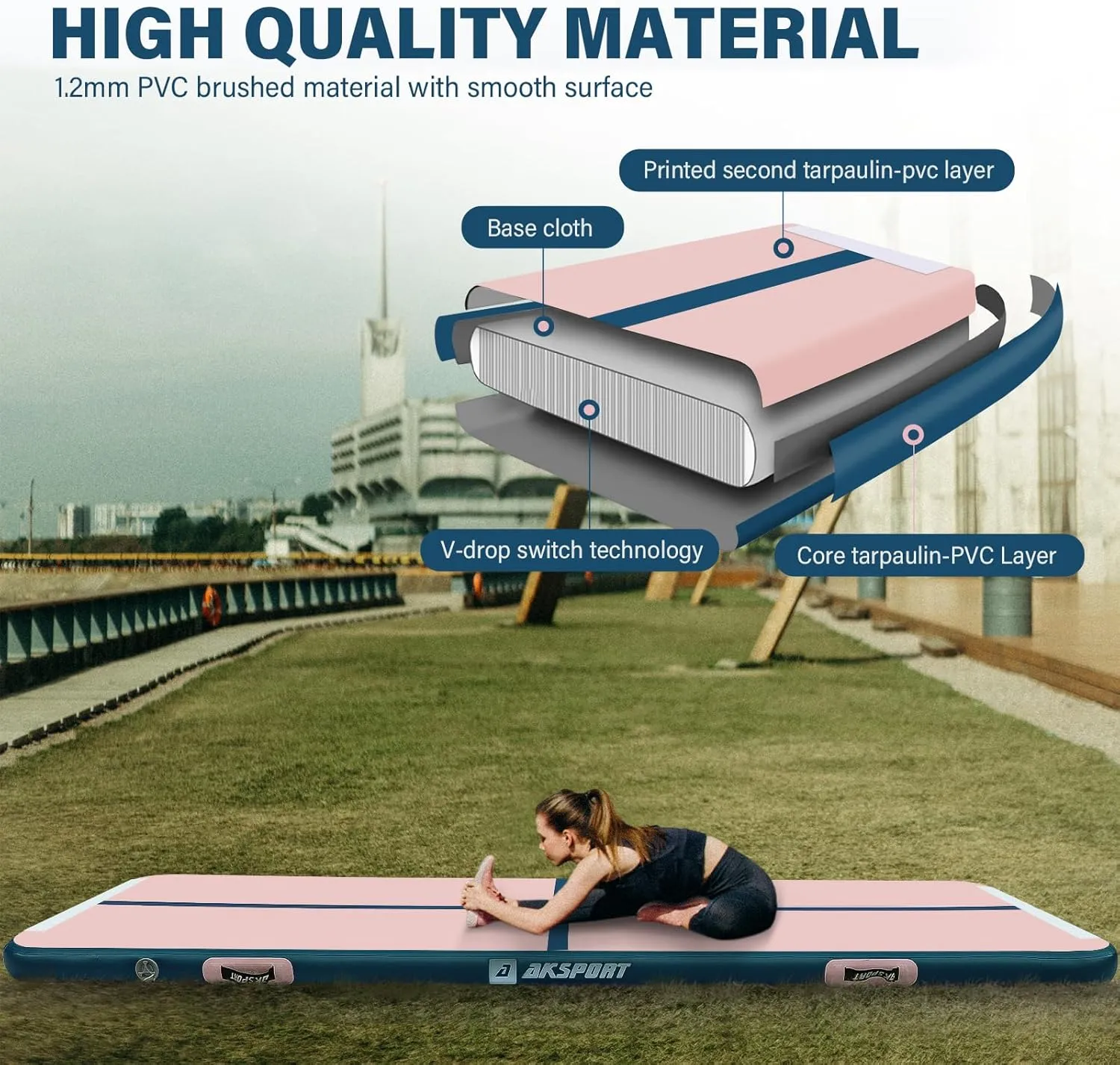 AKSPORT Gymnastics Air Mat Tumble Track Tumbling Mat Inflatable Floor Mats with Air Pump for Home Use/Tumble/Gym/Training/Cheerleading/Parkour/Beach/Park/Water