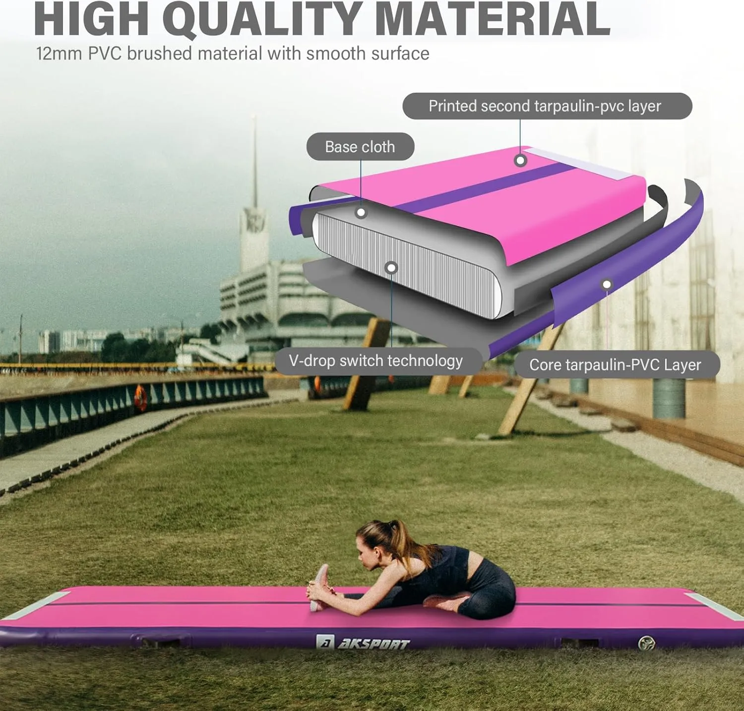AKSPORT Gymnastics Air Mat Tumble Track Tumbling Mat Inflatable Floor Mats with Air Pump for Home Use/Tumble/Gym/Training/Cheerleading/Parkour/Beach/Park/Water