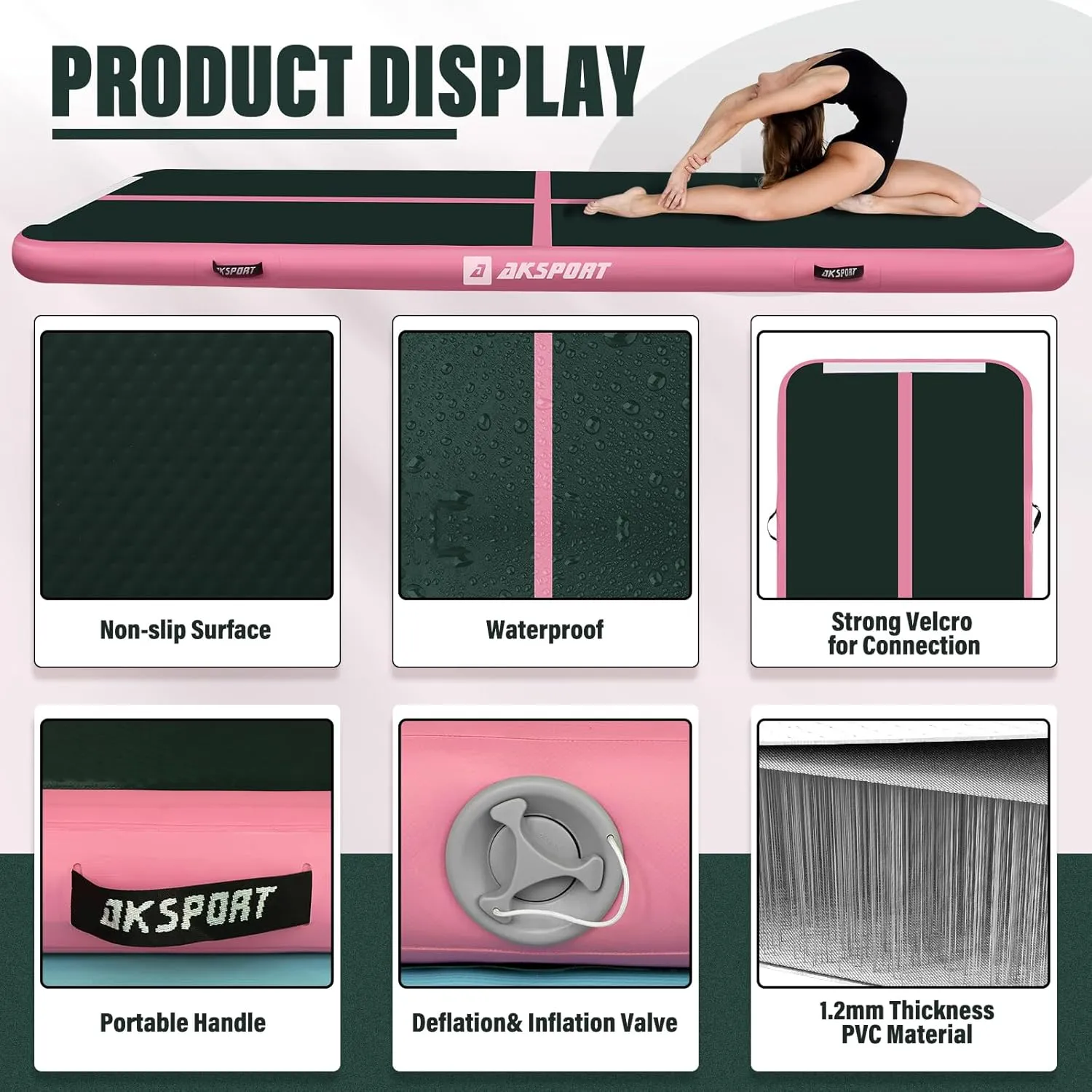 AKSPORT Inflatable Gymnatsics Mat Tumble Track 10ft 13ft 16ft 20ft 23ft Air Tumbling Mat with Air Pump for Home Use/Training/Cheerleading/Yoga