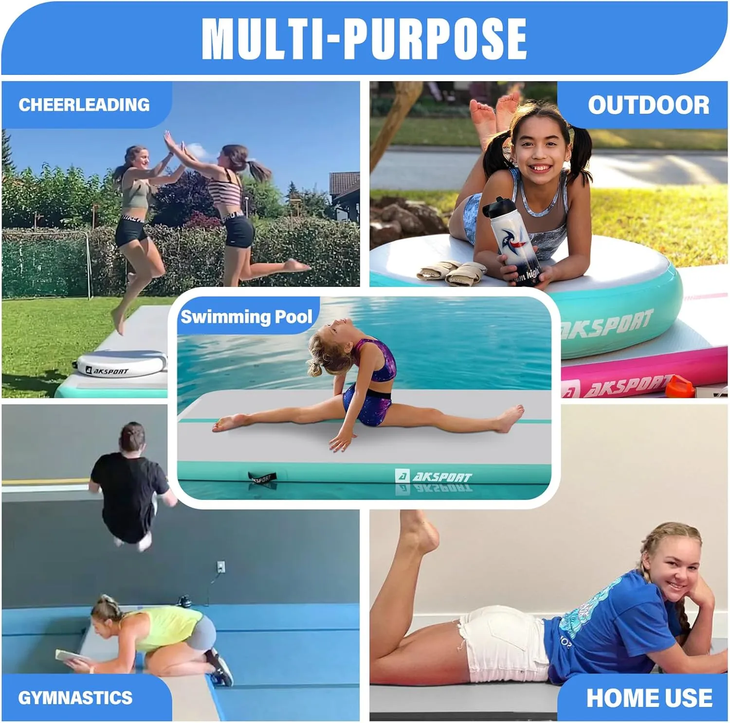 AKSPORT Inflatable Gymnatsics Mat Tumble Track 10ft 13ft 16ft 20ft 23ft Air Tumbling Mat with Air Pump for Home Use/Training/Cheerleading/Yoga
