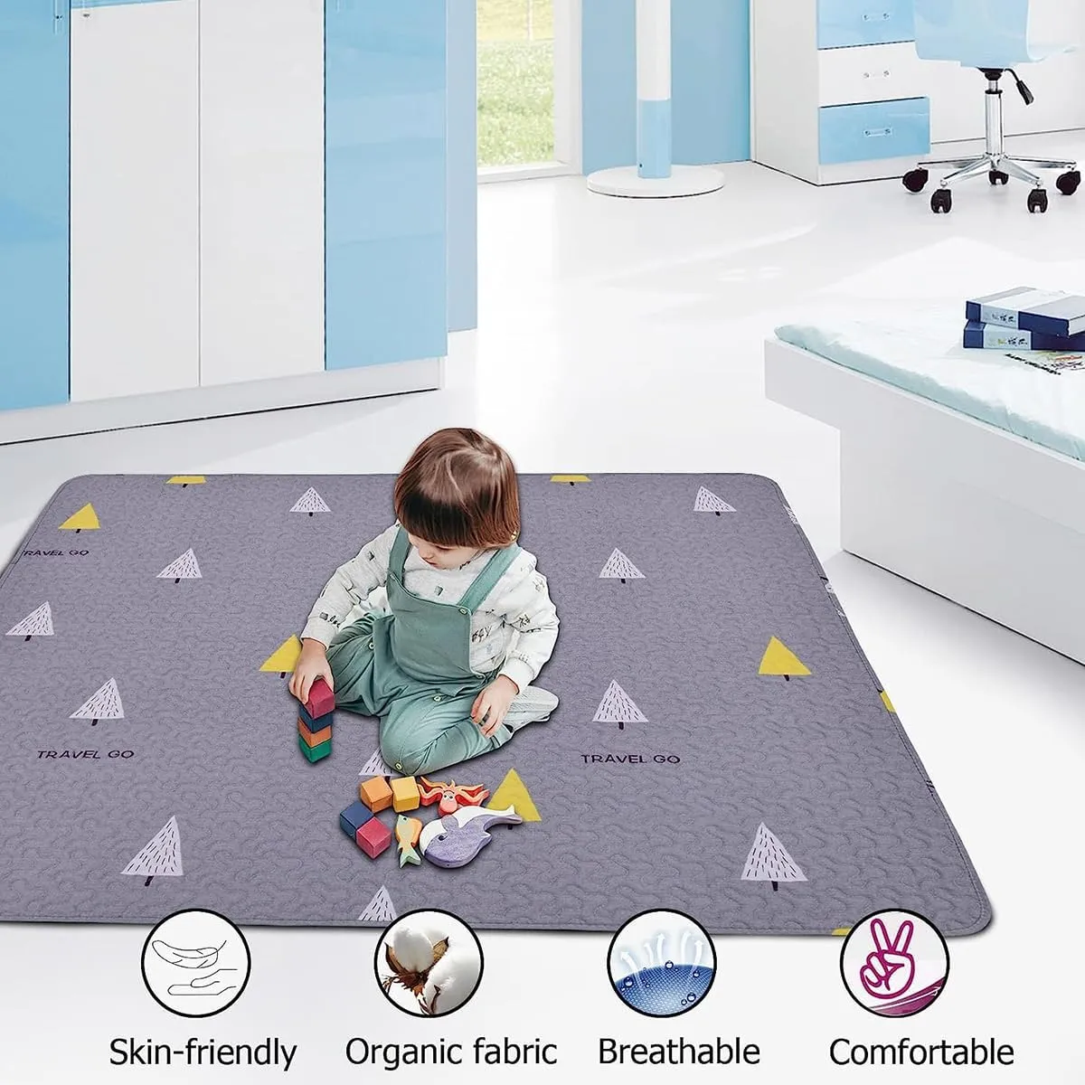 ALMEKAQUZ Baby Play Mat, Portable, Washable, Foldable Crawling Mat, 110 * 110 CM for Floor, Kids Crawling Mat, Large Soft Non Slip Non-Toxic Play Mats for Infants (Gray-travel)