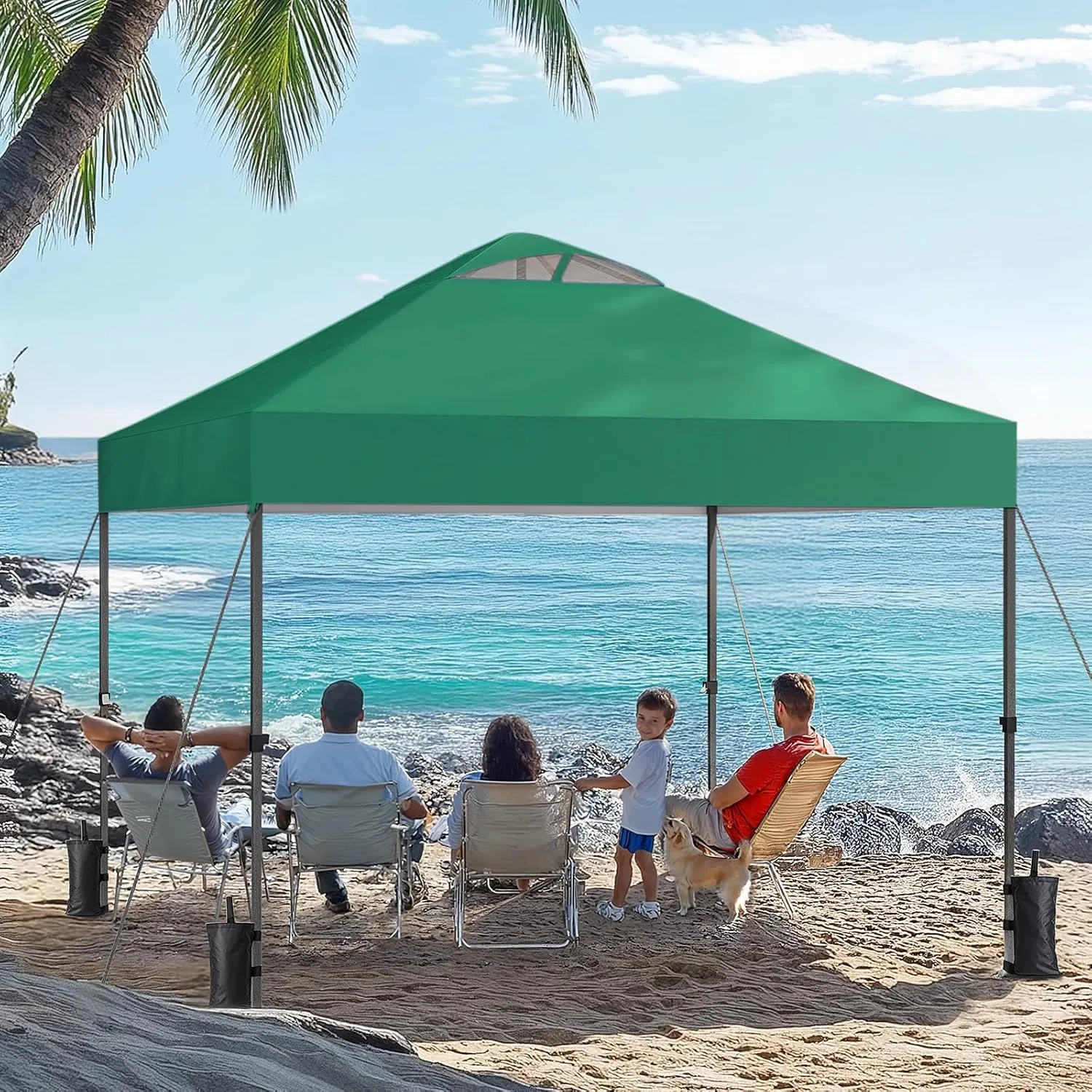 AMADA HOMEFURNISHING 10x10 Pop Up Canopy - Beach Tent with One Push Setup - Easy Outdoor Sun Shade for Events, Parties, Camping - Gazebo with Wheeled Cover Bag, 210D Silver Coated Top,Green
