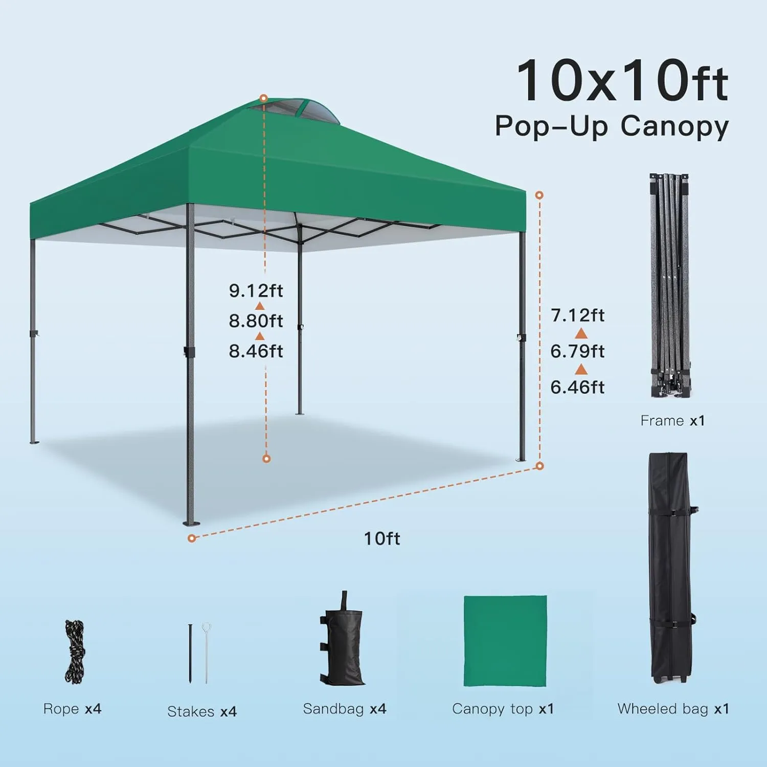 AMADA HOMEFURNISHING 10x10 Pop Up Canopy - Beach Tent with One Push Setup - Easy Outdoor Sun Shade for Events, Parties, Camping - Gazebo with Wheeled Cover Bag, 210D Silver Coated Top,Green