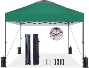 AMADA HOMEFURNISHING 10x10 Pop Up Canopy - Beach Tent with One Push Setup - Easy Outdoor Sun Shade for Events, Parties, Camping - Gazebo with Wheeled Cover Bag, 210D Silver Coated Top,Green