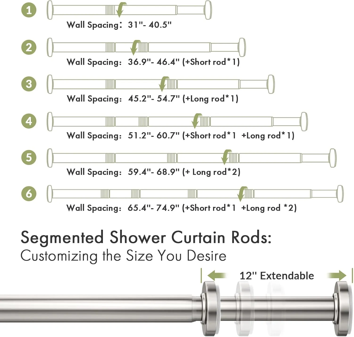 AmazerBath Spring Tension Shower Curtain Rod, 31-75 Inches Heavy Duty Tension Rod Rust Proof Bathroom Curtain Rod, Adjustable No Drill Easy Segmented Installation, Nickel