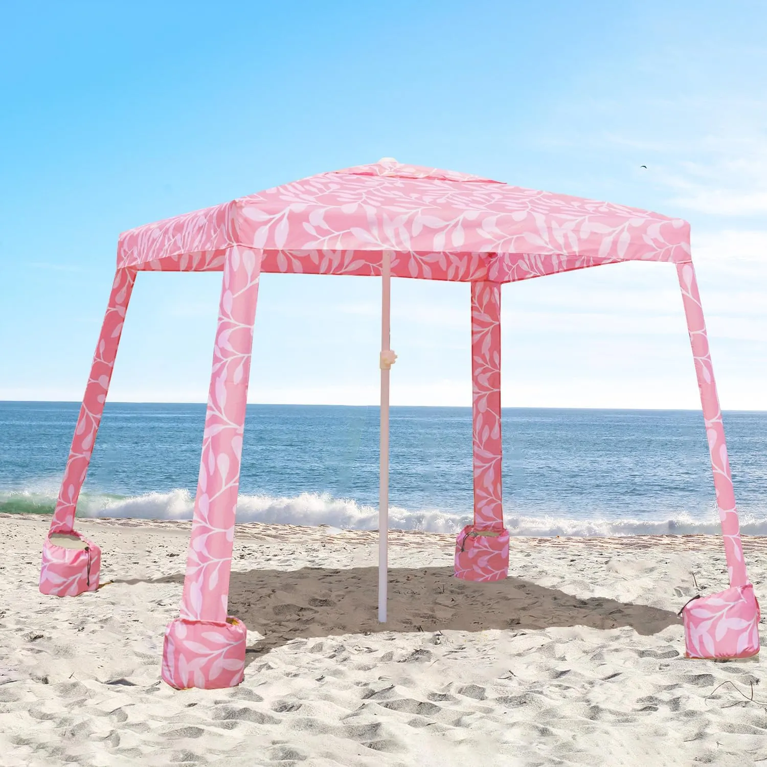 AMMSUN Beach Cabana, 6.2'×6.2' Beach Canopy, Easy Set up and Take Down, Cabana Tent with Sand Pockets, Instant Sun Shade with Side Wall, Pink Leaf