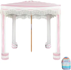 AMMSUN Beach Cabana with Beach Blanket, 6'×6' Boho Canopy with Tassels, Premium Wood Pole, Fringe Cabana Tent with Sand Pockets, Instant Sun Shade for Sand, Garden, Outdoor, Rose Pink Stripes