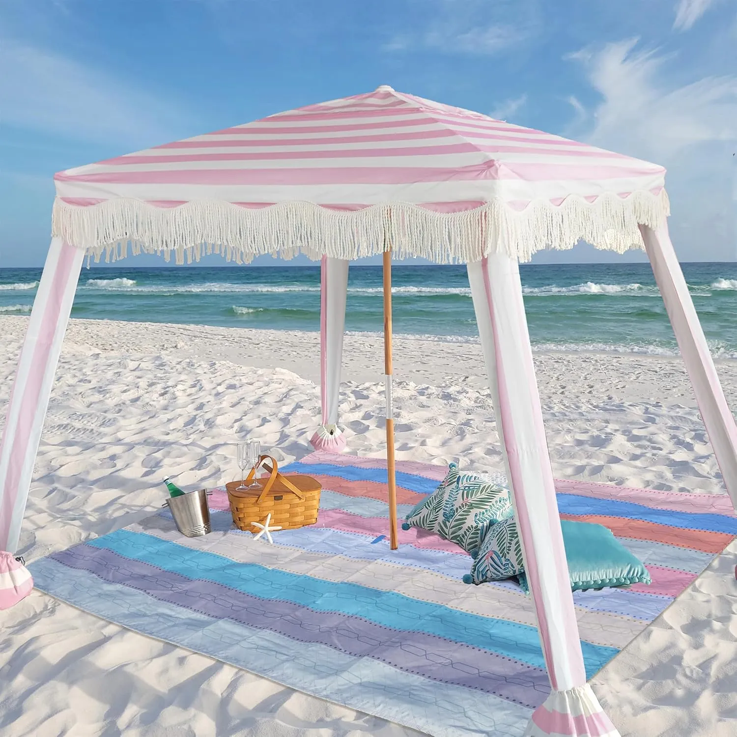 AMMSUN Beach Cabana with Beach Blanket, 6'×6' Boho Canopy with Tassels, Premium Wood Pole, Fringe Cabana Tent with Sand Pockets, Instant Sun Shade for Sand, Garden, Outdoor, Rose Pink Stripes