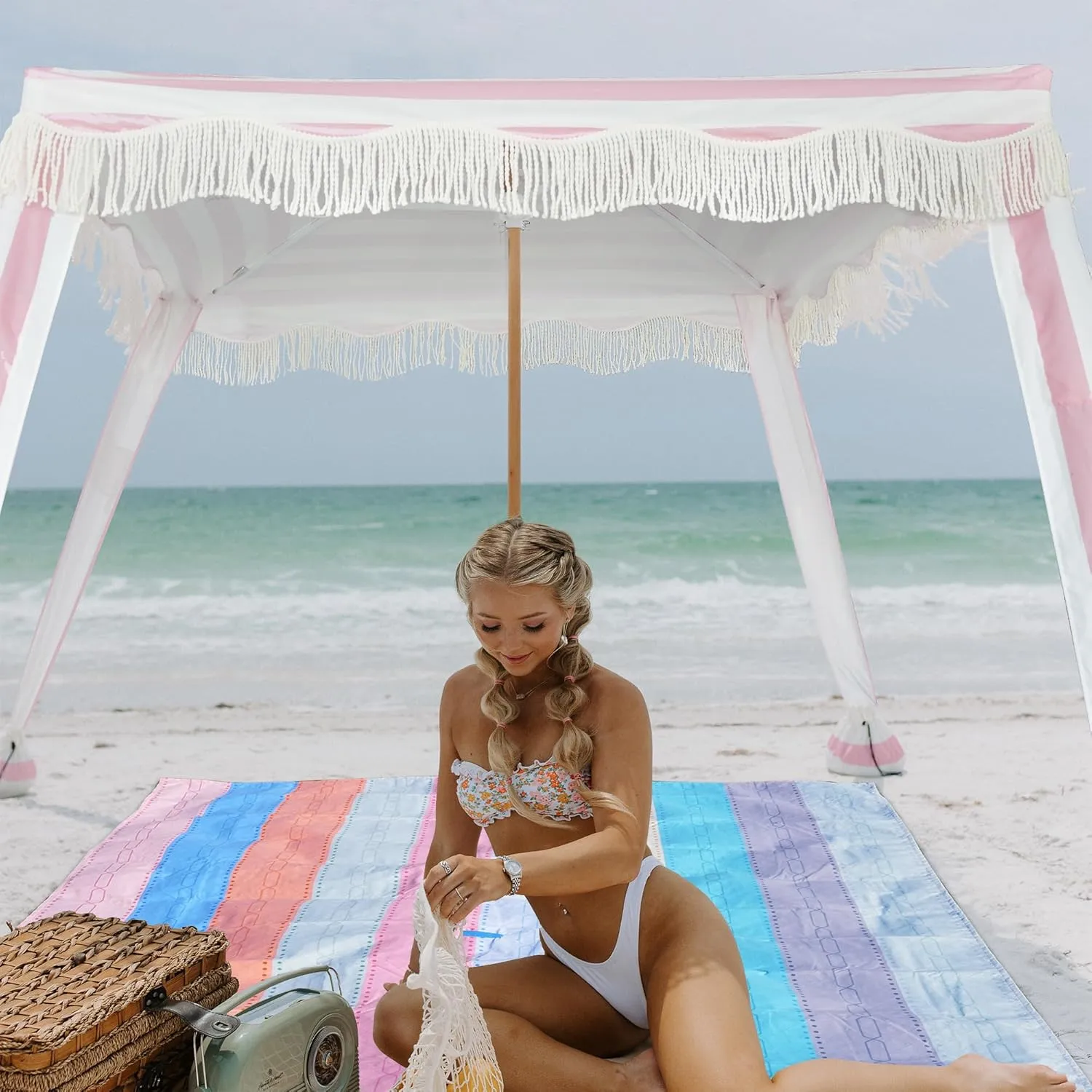 AMMSUN Beach Cabana with Beach Blanket, 6'×6' Boho Canopy with Tassels, Premium Wood Pole, Fringe Cabana Tent with Sand Pockets, Instant Sun Shade for Sand, Garden, Outdoor, Rose Pink Stripes