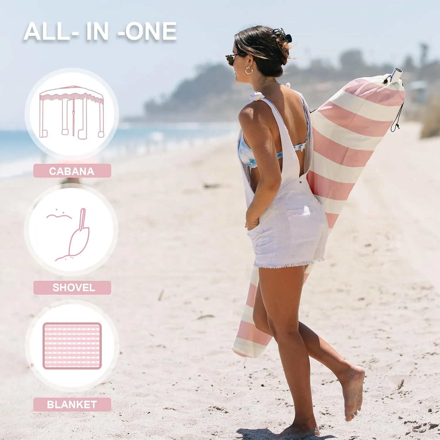 AMMSUN Beach Cabana with Beach Blanket, 6'×6' Boho Canopy with Tassels, Premium Wood Pole, Fringe Cabana Tent with Sand Pockets, Instant Sun Shade for Sand, Garden, Outdoor, Rose Pink Stripes