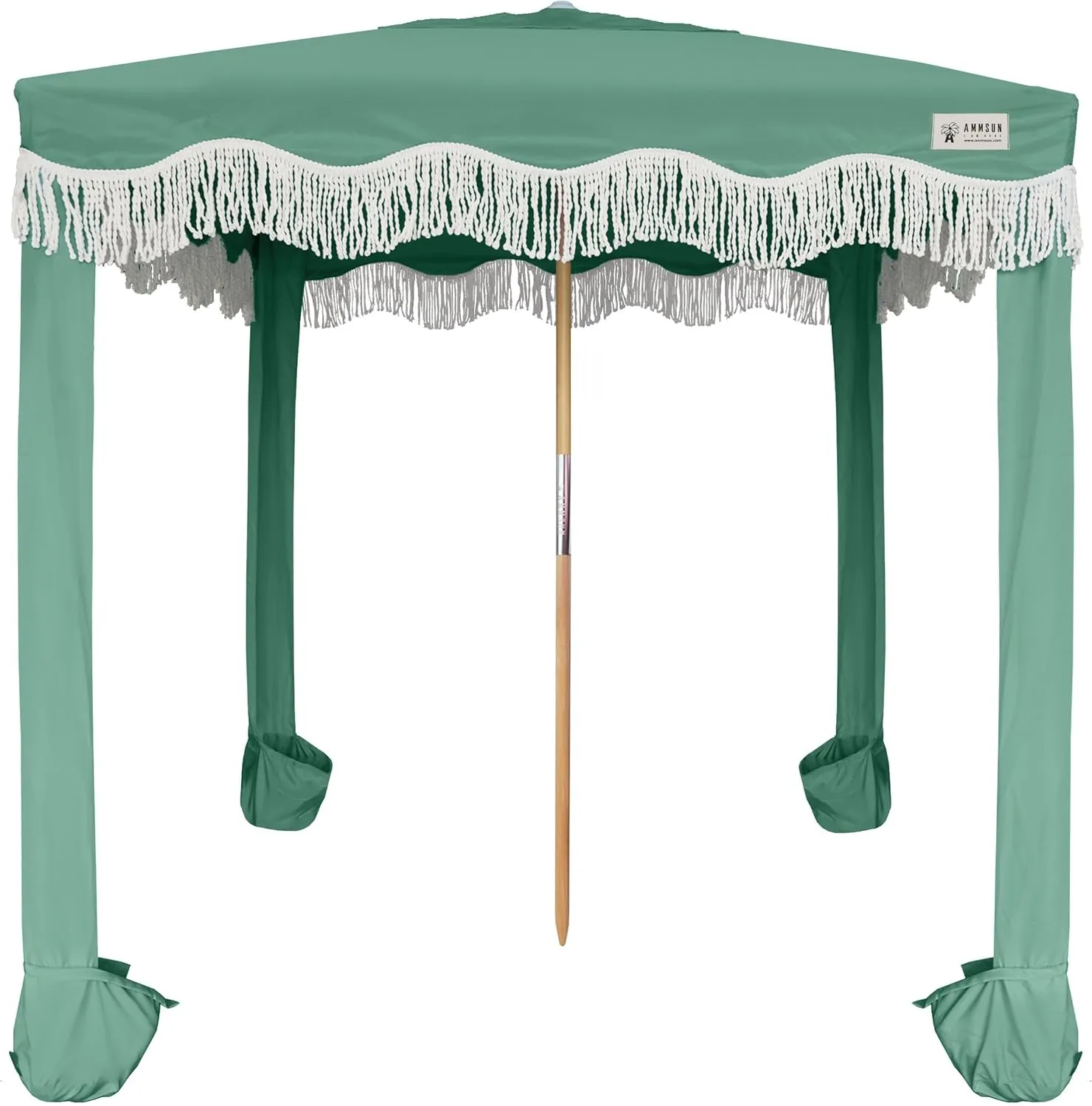 AMMSUN Beach Cabana with Fringe, 6'×6' Boho Beach Canopy with Tassels, Easy Set up & Premium Wood Pole, Cabana Tent with Sand Pockets, Instant Sun Shade for Sand, Garden, Patio, Mint Green