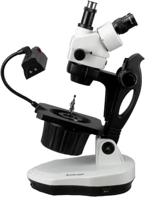 AmScope GM400T Trinocular Gemology Stereo Zoom Microscope, WH10x Eyepieces, 7X-45X Magnification, 0.7X-4.5X Zoom Objective, Halogen and Fluorescent Lighting, Inclined Pillar Stand, 110V-120V