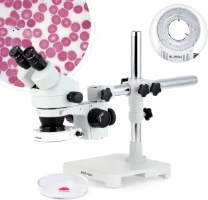 AmScope SM-3B Series Binocular Zoom Stereo Microscope - 3.5X-90X Magnification - Includes 80 LED Compact Ring Light & Single Arm Boom Stand