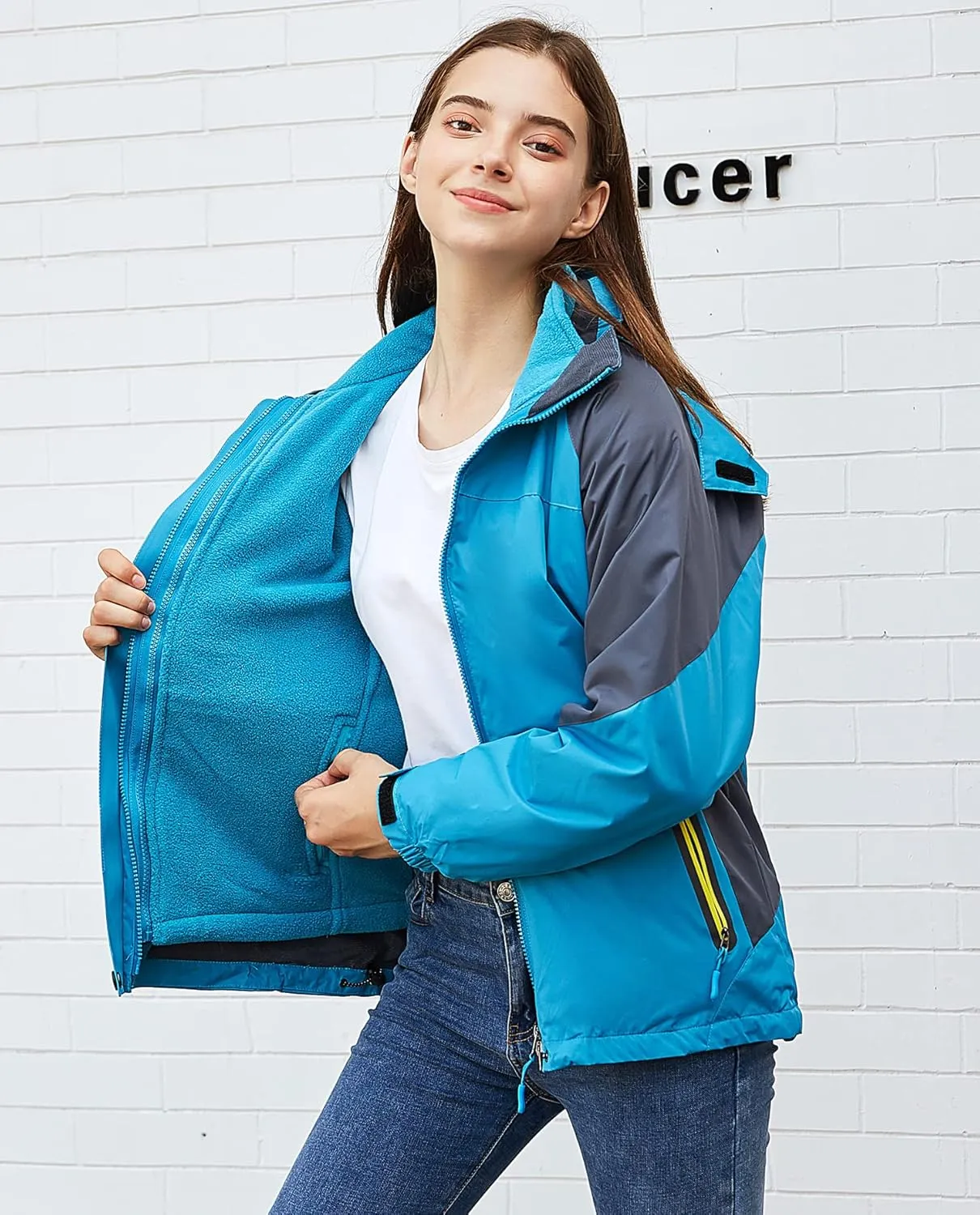 Amxiway Women's Mountain Waterproof Windproof Fleece 3 in 1 Jacket Ski Hooded Rain Coat