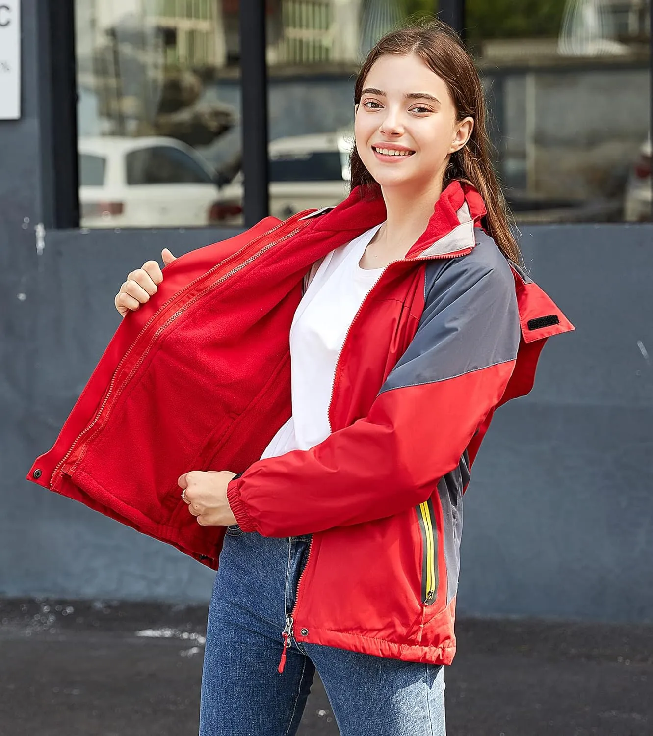 Amxiway Women's Mountain Waterproof Windproof Fleece 3 in 1 Jacket Ski Hooded Rain Coat