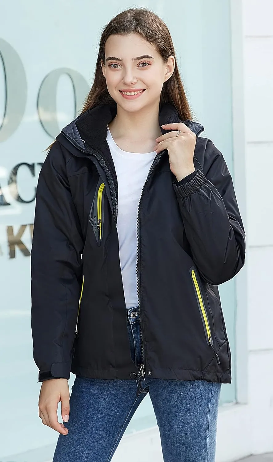 Amxiway Women's Mountain Waterproof Windproof Fleece 3 in 1 Jacket Ski Hooded Rain Coat