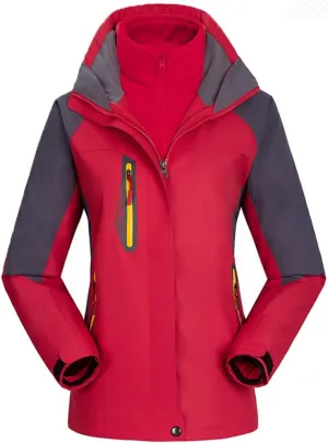 Amxiway Women's Mountain Waterproof Windproof Fleece 3 in 1 Jacket Ski Hooded Rain Coat
