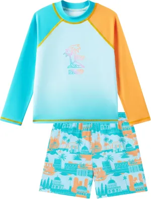 Angel season Boys Swimsuit Toddler Rash Guard Swim Set Long Sleeve Shirt with Swim Trunks Bathing Suit UPF 50  Swimwear