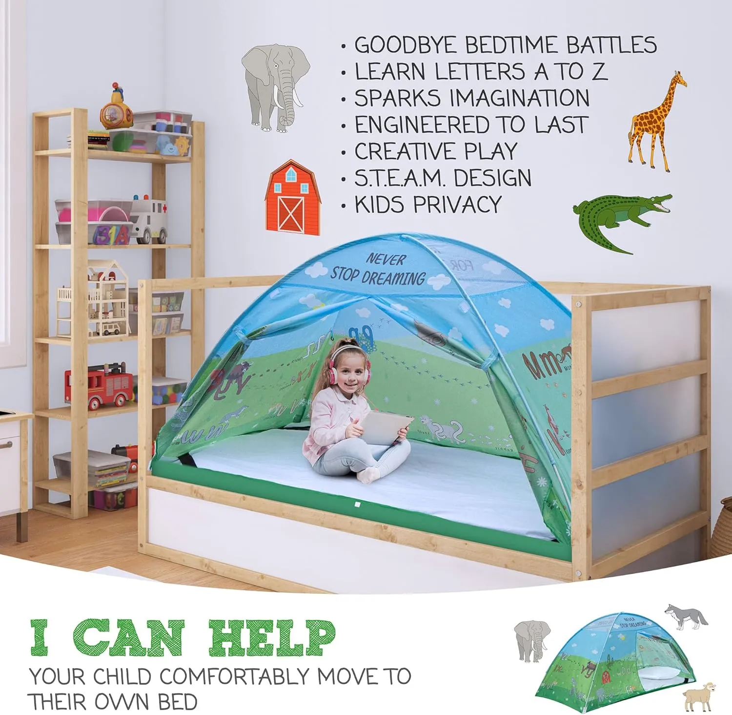 Animal Twin Bed Tent for Kids Indoor Fort - Magical Dream Tents for Boys Pop Up Toddler Bed Canopy for Girls Bunk Bed Tent for Top Bunk - Sensory Sleep Pod for Kids Educational