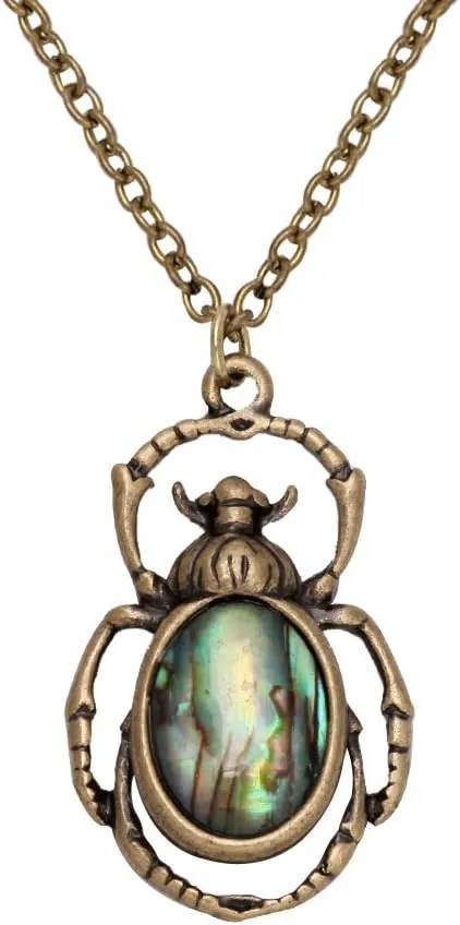 Antique Bronze Abalone Shell Bug Wildlife Necklace Scarab Earring Woodland Animal Jewelry Set