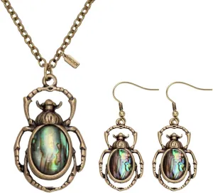 Antique Bronze Abalone Shell Bug Wildlife Necklace Scarab Earring Woodland Animal Jewelry Set