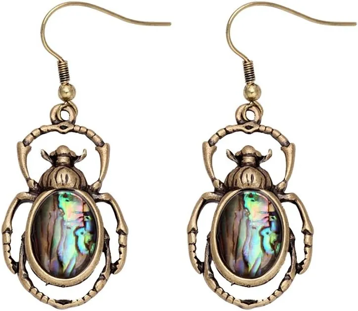 Antique Bronze Abalone Shell Bug Wildlife Necklace Scarab Earring Woodland Animal Jewelry Set