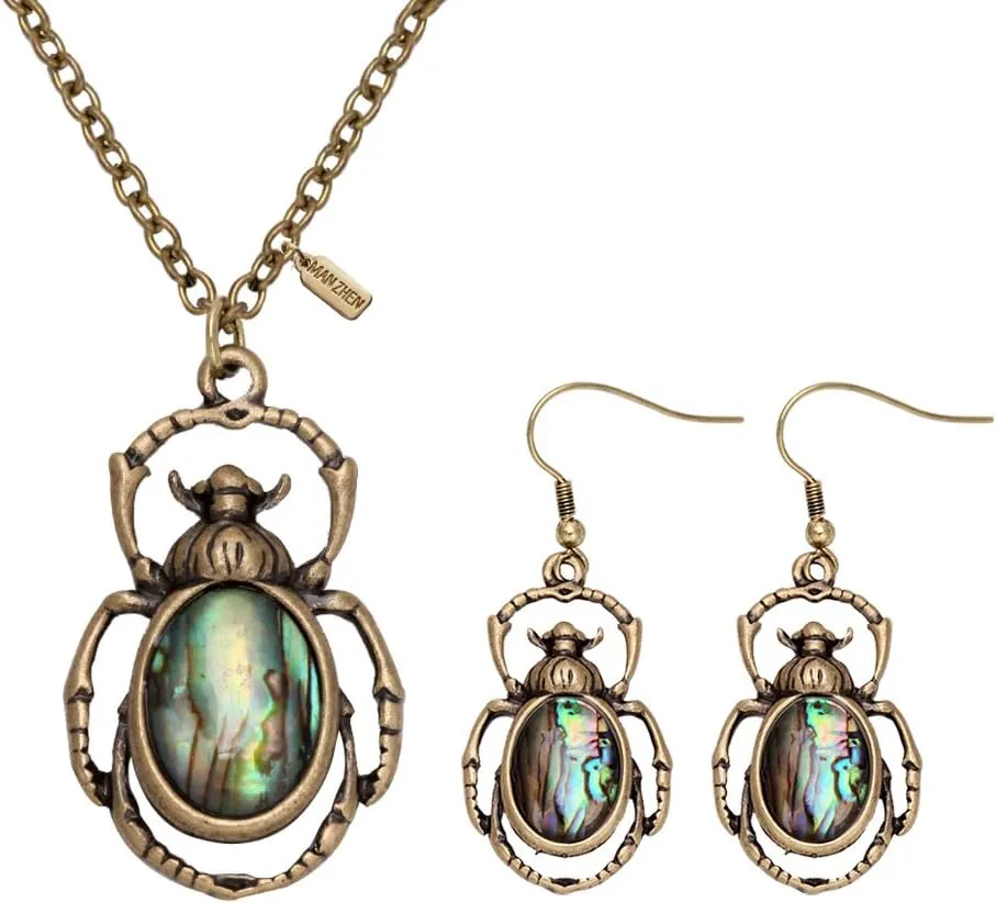 Antique Bronze Abalone Shell Bug Wildlife Necklace Scarab Earring Woodland Animal Jewelry Set