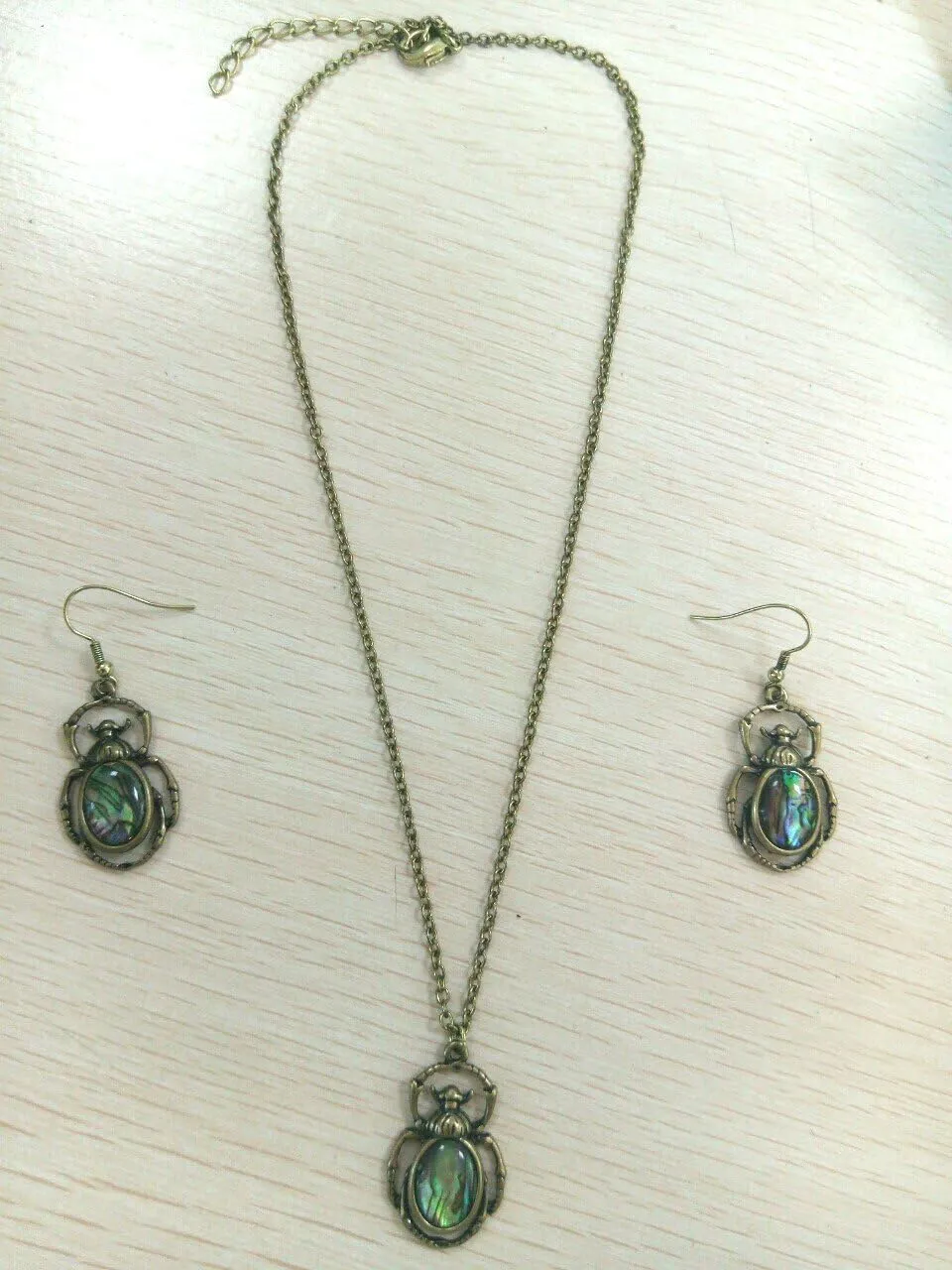 Antique Bronze Abalone Shell Bug Wildlife Necklace Scarab Earring Woodland Animal Jewelry Set