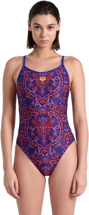 ARENA Performance Arabesque Women's Swimsuit Lace Back One Piece Athletic Training Ladies Bathing Suit, Neon Blue/Blue Multi