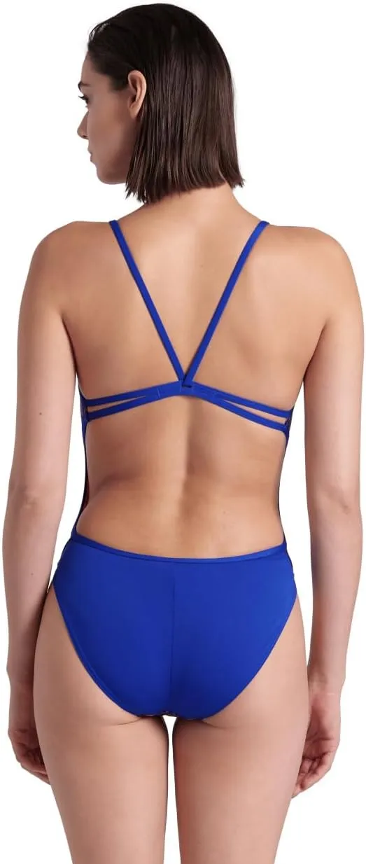 ARENA Performance Arabesque Women's Swimsuit Lace Back One Piece Athletic Training Ladies Bathing Suit, Neon Blue/Blue Multi