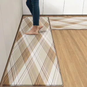Arttown Beige Anti-Fatigue Kitchen Rug Set of 2 Plaid Cushioned Floor Standing Mat Waterproof Non-Slip Mat and PVC Ergonomic Comfort Foam Rug