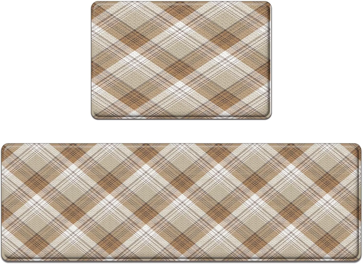 Arttown Beige Anti-Fatigue Kitchen Rug Set of 2 Plaid Cushioned Floor Standing Mat Waterproof Non-Slip Mat and PVC Ergonomic Comfort Foam Rug