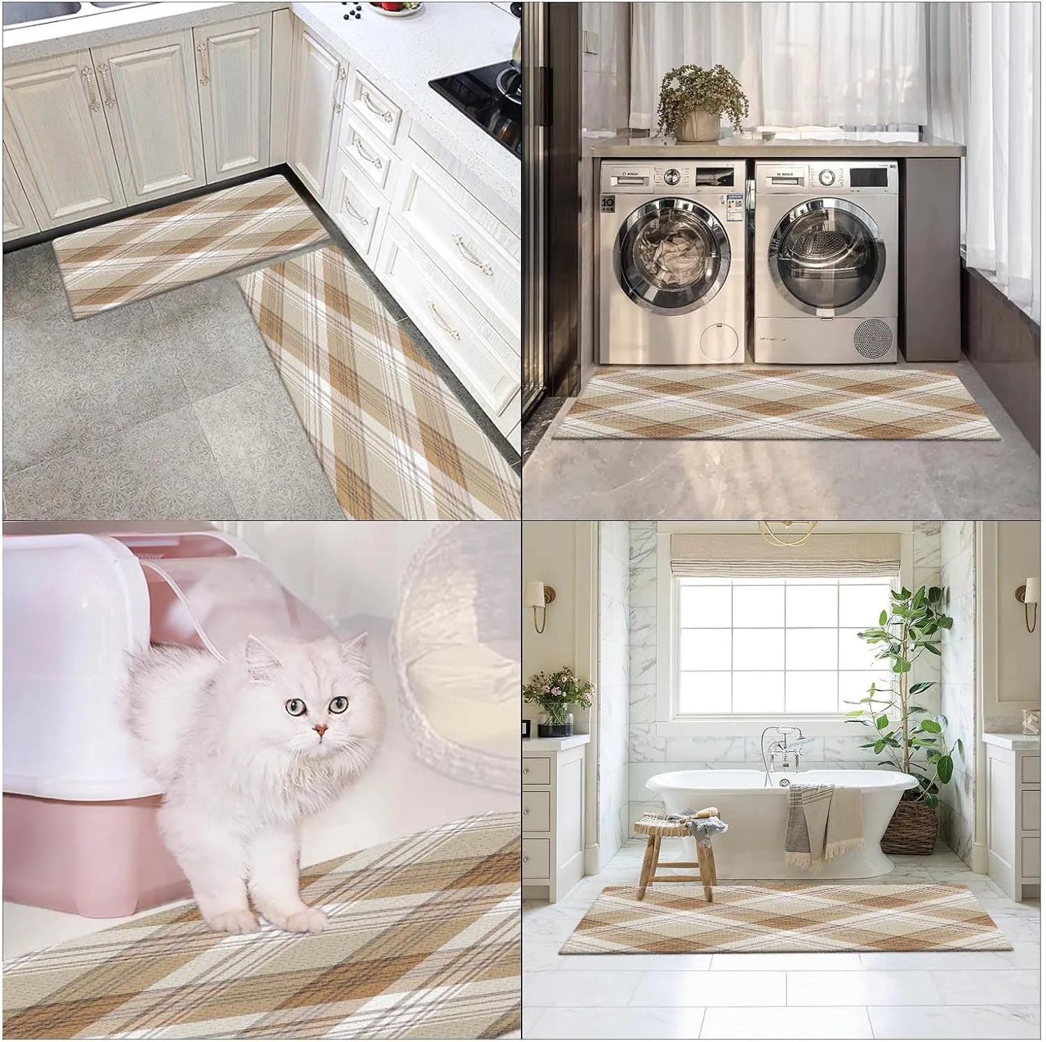 Arttown Beige Anti-Fatigue Kitchen Rug Set of 2 Plaid Cushioned Floor Standing Mat Waterproof Non-Slip Mat and PVC Ergonomic Comfort Foam Rug