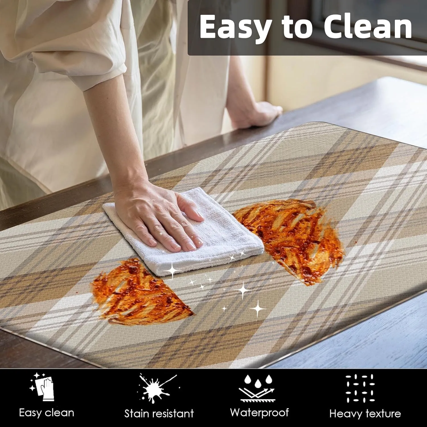 Arttown Beige Anti-Fatigue Kitchen Rug Set of 2 Plaid Cushioned Floor Standing Mat Waterproof Non-Slip Mat and PVC Ergonomic Comfort Foam Rug